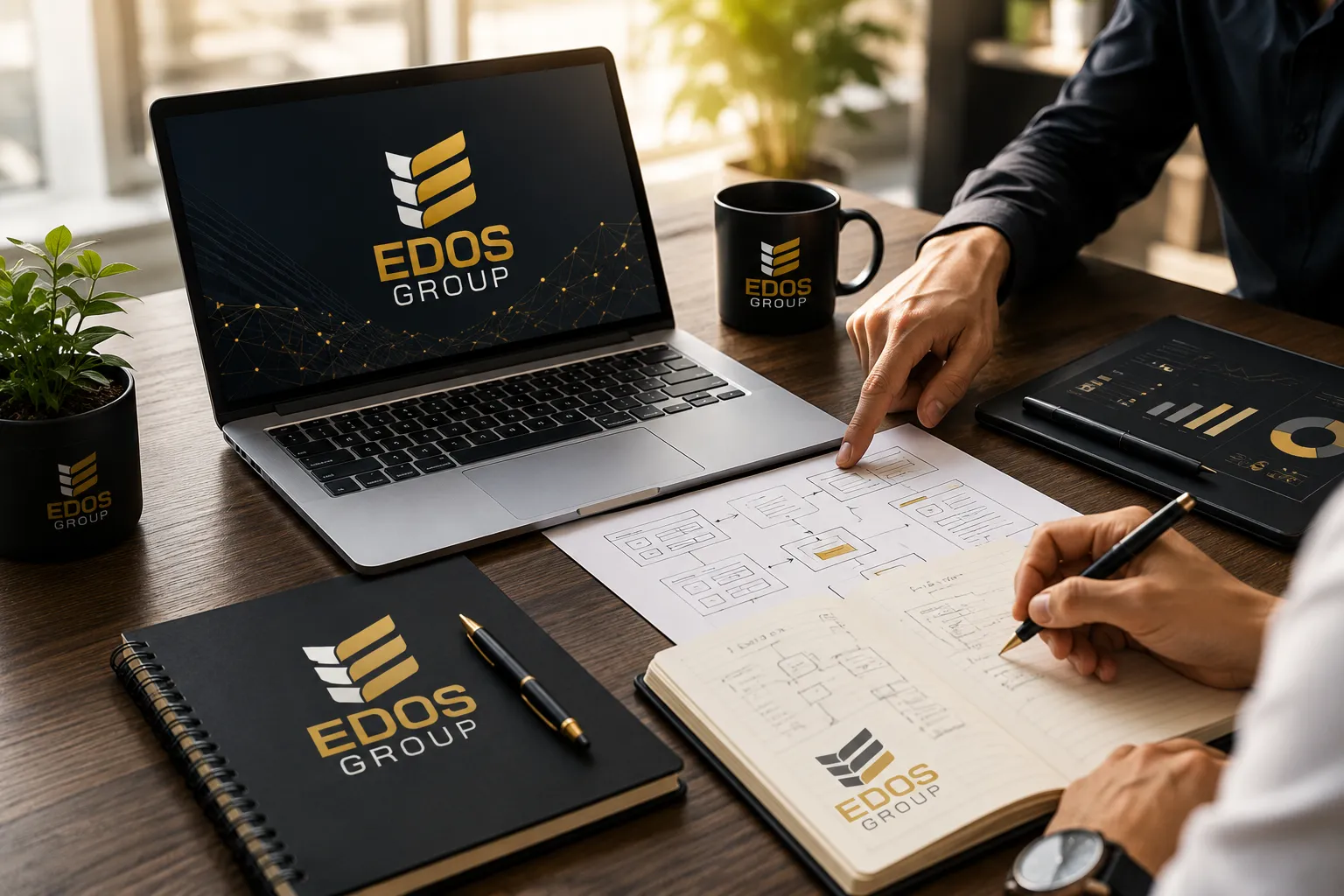 Mesa de consultoría tecnológica con laptop, documentos y branding EDOS GROUP